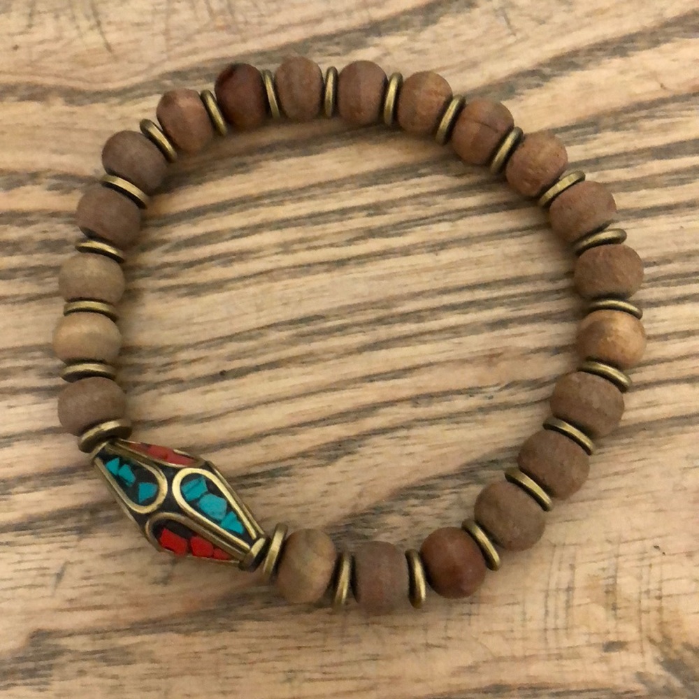 Vanessa Mooney Elastic Wood Brass Bead Bracelet